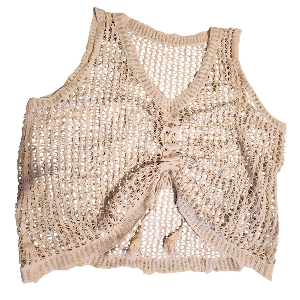 Crochet Knit Open Front Vest Top‎ Sleeveless Beige One Size